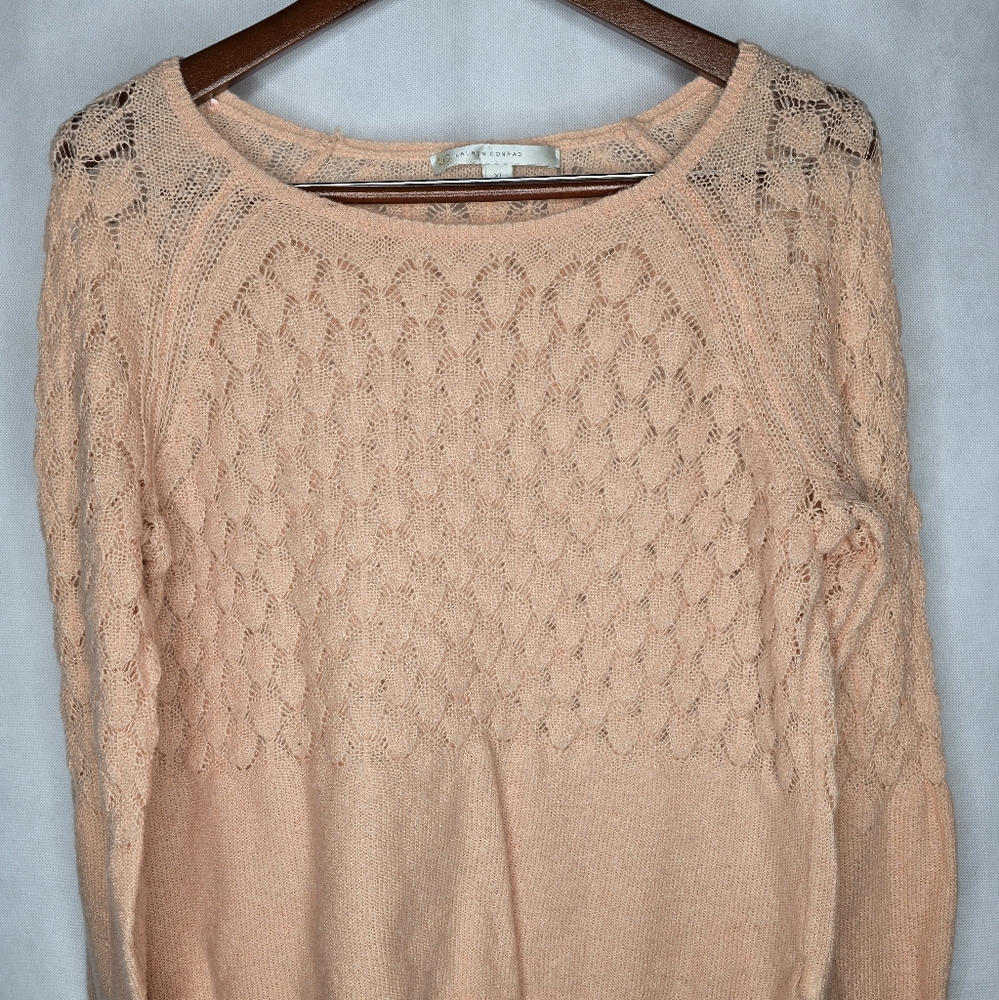 LC Lauren Conrad Sweater Peachy Crochet Knit Long Sleeve Pullover Cottagecore XL